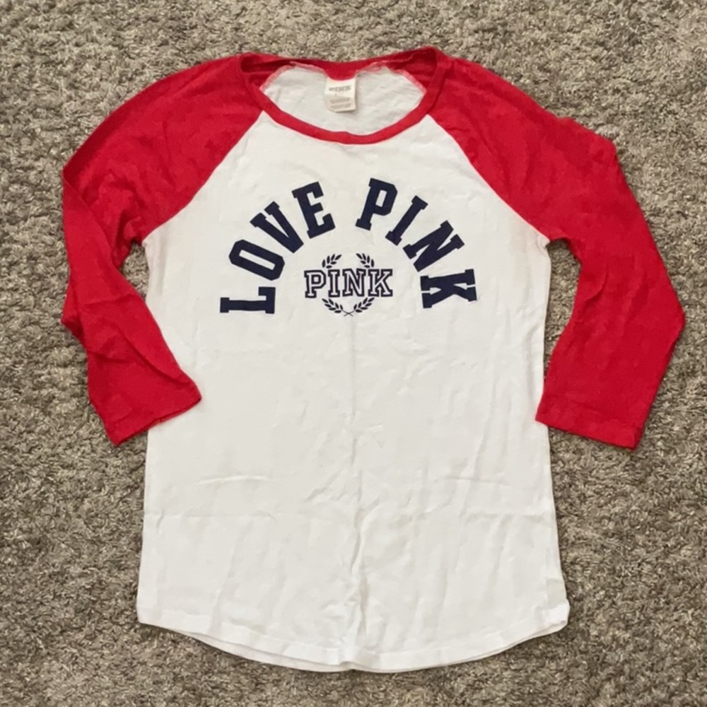 PINK Victoria's Secret Red and White 3/4 Sleeve Tee